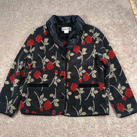 Victoria Holley Sweaters - Vintage Victoria Holley Black Fleece Velvet Sweater Cardigan Rose Goth Medium